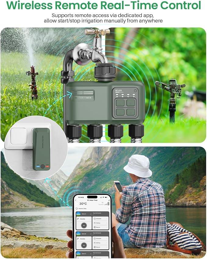 WiFi Water Timer 4 Zone for Garden Hose, Smart Sprinkler Timer with 984ft RF Range, Smart Lawn Watering System Irrigation Controller, APP/Voice Control, Rain Delay, Automatic/Manual Irrigation