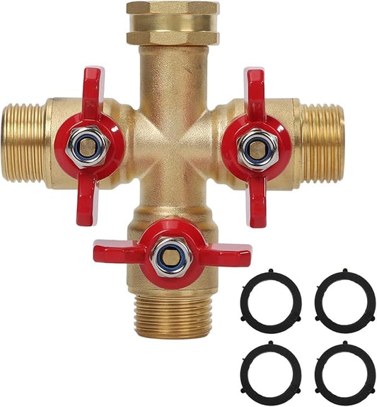 Hose Splitter 3 Way Heavy Duty Brass Valve Garden Hose Splitter with Stainless Steel Long Handle Water Hose Trap Adapter 3/4" GHT Thread