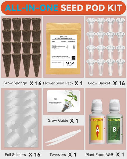 LYKOCLEAN 16 Pods Flower Seed Kit Compatible with AeroGarden Hydroponics Growing System, Indoor Garden Starter Set with Lavender, Sunflower, Petunia and Marigold