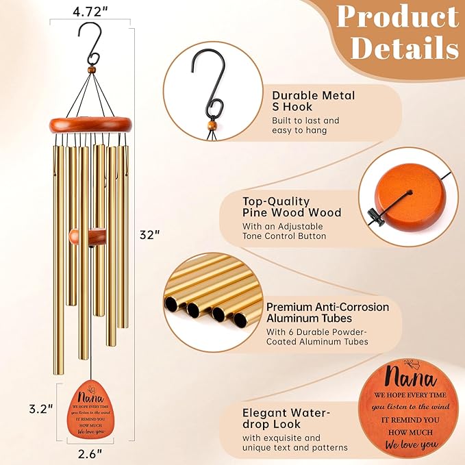 Nana Gifts, 32" Wind Chimes Gifts for Nana, Nana Grandma, Meaningful Gift for Mothers Day Birthday Thanksgiving Christmas