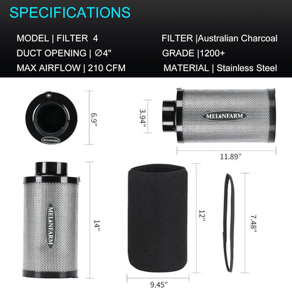MELONFARM Air Filtration Kit 4", Built-in 14cm Fan Low Nois Carbon Filter with 12-Speed Controller, 8' Ducting & 6" Vent Cover, Cooling & Ventilation System for Grow Tents, Indoor Gardening 4"x12.2"