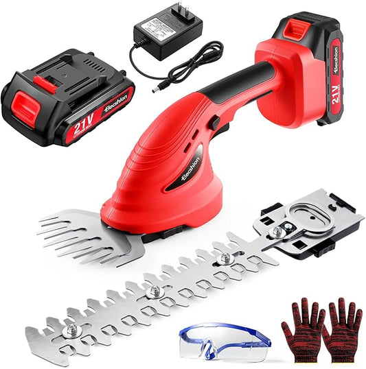 Hedge Trimmer Cordless - 1 Pack 21V Battery with Charger Powered Electric Mini Trimmers, 2 in 1 Handheld Hedge Shears + Grass Cutter Pruning Shrub Cutting Tool for Bush,Tree,Garden,Lawn,Yard