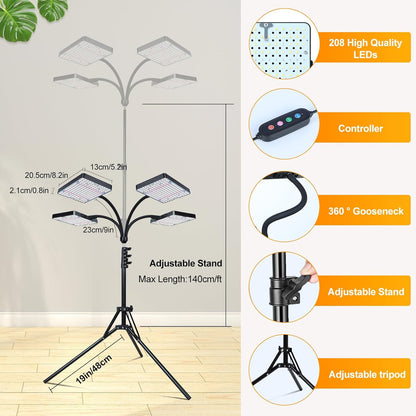 4-Head Grow Light with Stand 100W, FECiDA 2025 Grow Lights for Indoor Plants, Full Spectrum LED Plant Grow Light for Houseplants, Bonsai Tree, 4,8,12,16 Hr Timer and 360° Gooseneck