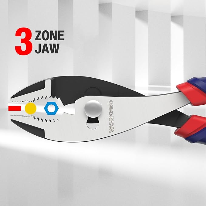 WORKPRO 8” Slip Joint Pliers Tool, Large Soft Grip,Rust Prevention Finish, 3-Zone Serrated Jaw Forged from High Carbon Steel for Maximum Grip