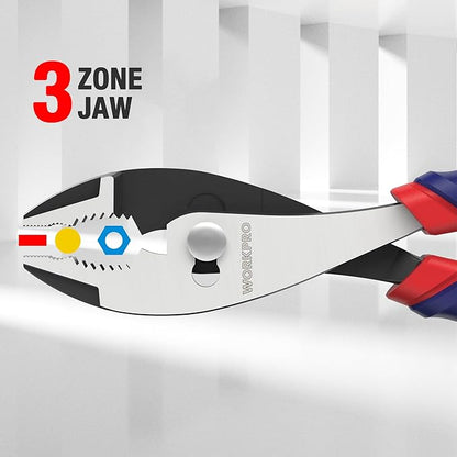 WORKPRO 8” Slip Joint Pliers Tool, Large Soft Grip,Rust Prevention Finish, 3-Zone Serrated Jaw Forged from High Carbon Steel for Maximum Grip