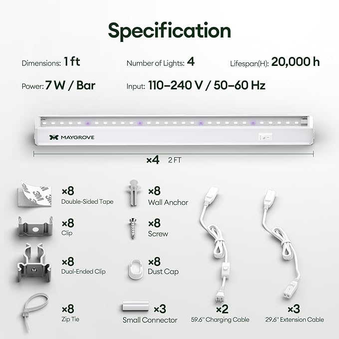 Plant Grow Lights 1FT, Blue-Rich Full Spectrum 5000K, 28W(4 x 7W), T5 LED Grow Light Strips for Indoor Plants and Succulents, High PPFD, Linkable, White, 4-Pack