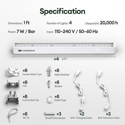 Plant Grow Lights 1FT, Blue-Rich Full Spectrum 5000K, 28W(4 x 7W), T5 LED Grow Light Strips for Indoor Plants and Succulents, High PPFD, Linkable, White, 4-Pack