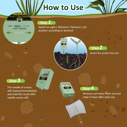 Sonkir Soil Moisture Meter, 4-in-1 Soil Ph Meter, Soil Tester for Nutrients, Moisture, PH and Light, Soil Ph Test Kits for Plant, Great for Garden, Indoor & Outdoor Use (No Battery Required), Green