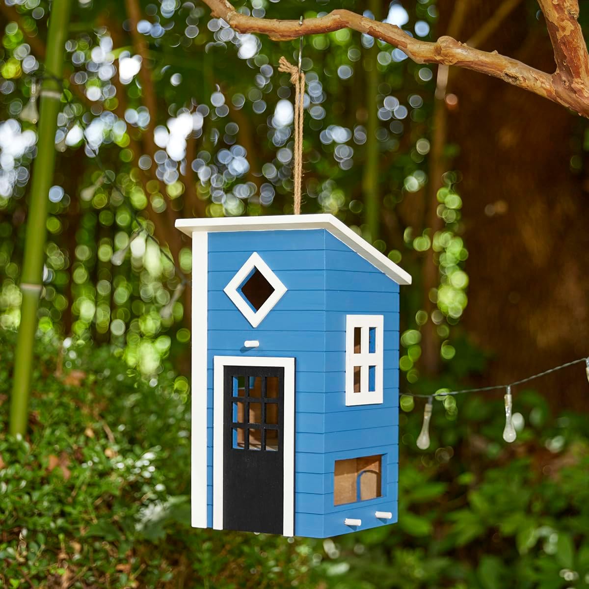 Glitzhome Bird Houses for Outside, Bluebird House Modern Hand Painted Hanging Bird House, 14" H Solid Wood Cottage Decorative Garden Birdhouse for Hummingbird, Chickadee, Wren Finch(Bule)