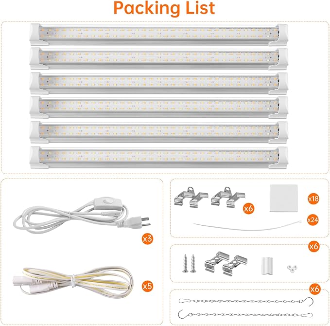 Bstrip T8 Grow Light, 1.4FT 108W (6 x 18W) Plant Lights for Indoor Growing, Full Spectrum with 660nm Red LEDs, 3467K, Ideal for Indoor Plants, Greenhouse, Linkable Design with On/Off Switch, 6-Pack