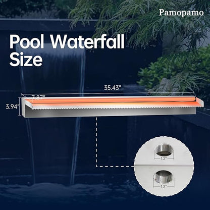 Pond Waterfall Spillway Stainless Steel Pool Fountain, APP Control LED Lighted Waterfalls Kit, Outdoor Water Flow Waterfalls Kit for Garden Patio Koi Pond Decoration-35.4"x7.8"x3.9"