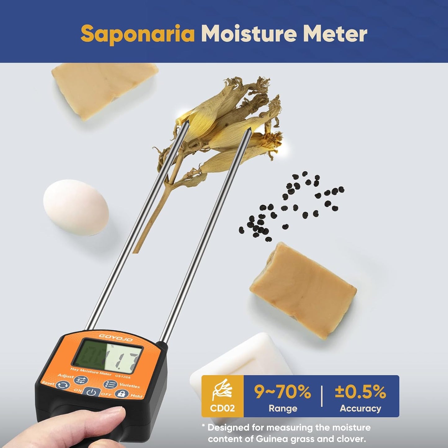 GS120A Hay Moisture Tester Meter – Portable Digital Probe Tester with LCD, 0-80% Moisture Range, for Alfalfa, Leymus, Orchard Grass, Straw Bales Fast Accurate Digital Sensor Hay bale Moisture Meter