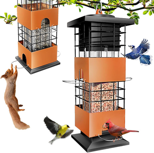 Squirrel Proof Bird Feeder, 3Lbs Hanging Anti-Squirrel Bird Feeders for Outdoors, Metal Weight-Activated Perches Wild Birdfeeder for Blue Jay, Cardinal (Brown)