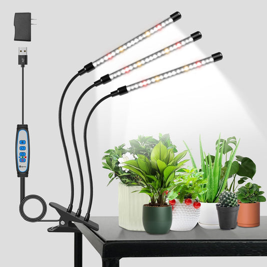 wolezek Grow Lights for Indoor Plants Full Spectrum, 6000K 3 Head Plant Lights Indoor, LED White Plant Grow Lamp with Clip, Auto ON & Off Timer 6/12/16H, 3 Light Modes, 5 Level Dimmable Brightness