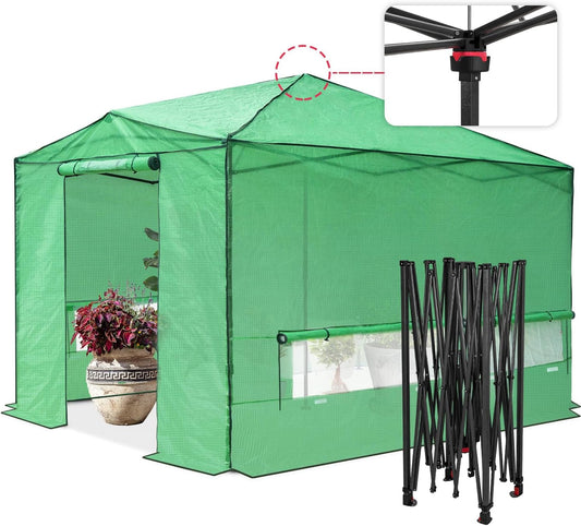 EAGLE PEAK Instant Pop-up Greenhouse, Indoor Outdoor Plant Gardening Green House, Roll-Up Zipper Doors & Side Windows - Winter Support Pole, Walk in 12x8 ft, Green/Clear
