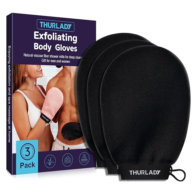 Korean Exfoliating Mitt, Exfoliating Glove, 3 Pack Viscose Fiber Body Scrub Gloves, Dead Skin Remover for Smoother Skin, Self-Tan Prep and Removal, Black