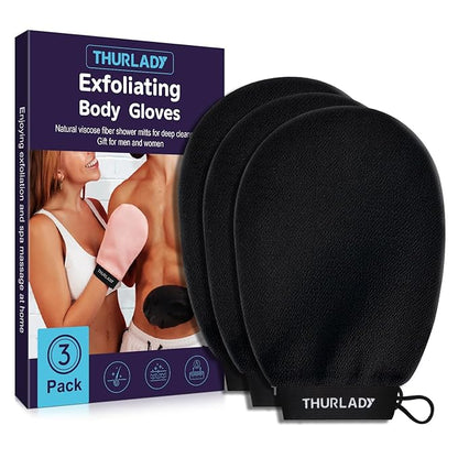 Korean Exfoliating Mitt, Exfoliating Glove, 3 Pack Viscose Fiber Body Scrub Gloves, Dead Skin Remover for Smoother Skin, Self-Tan Prep and Removal, Black