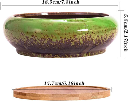 ARTKETTY Succulent Pots with Drainage, 2 Pack Large Succulent Planters Ceramic Bonsai Pot with Trays, 7.3 Inch Round Shallow Planters for Indoor Cactus Flower Plants