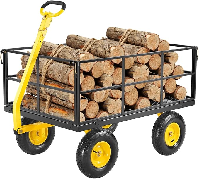 VEVOR 1400 Lbs Steel Garden Cart, Heavy Duty Pullable Garden Wagon Yard Cart, 2 in 1 Outdoor Metal Utility Wagon Yard Trailer with 13" All Terrain Tires, Mesh Removable Sides and 180°Rotating Handle