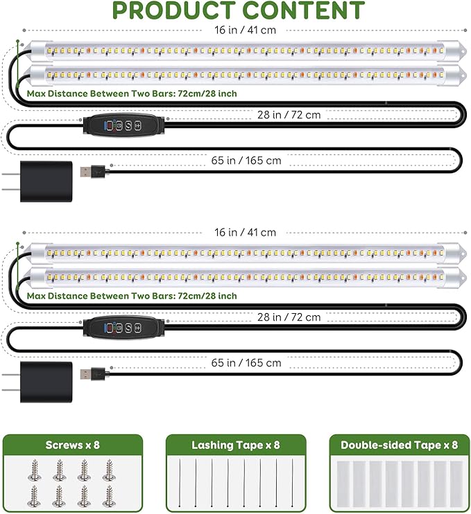 16" LED Grow Light Strips, 240 LEDs Full Spectrum Grow Lights for Indoor Plants with 3/9/12H Timer, 10 Dimmable Sunlike Plant Light for Indoor Greenhouse, Hydroponics, Seedlings (2 Packs)