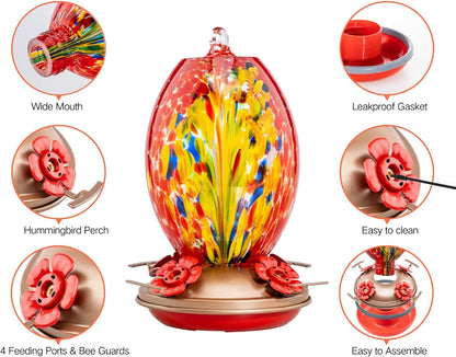 Muse Garden Glass Humming Bird Feeders for Outdoors - 27OZ Blown Glass Hummingbird Feeder - Unique Gift for Mom Bird Lovers Women, Outdoors Hanging Garden Decor, Includes Ant Moat & Brush, Red Phoenix