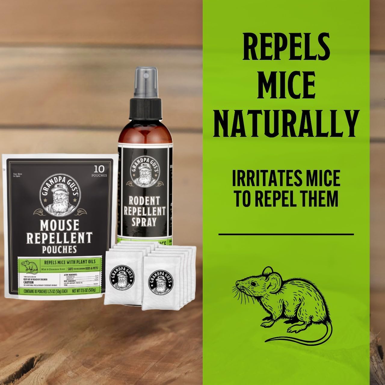 Grandpa Gus's Mouse Rodent Repellent Spray (8 oz) Bundled with Mouse Repellent Pouches (10 Pouches)