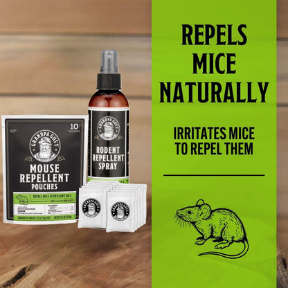 Grandpa Gus's Mouse Rodent Repellent Spray (8 oz) Bundled with Mouse Repellent Pouches (10 Pouches)