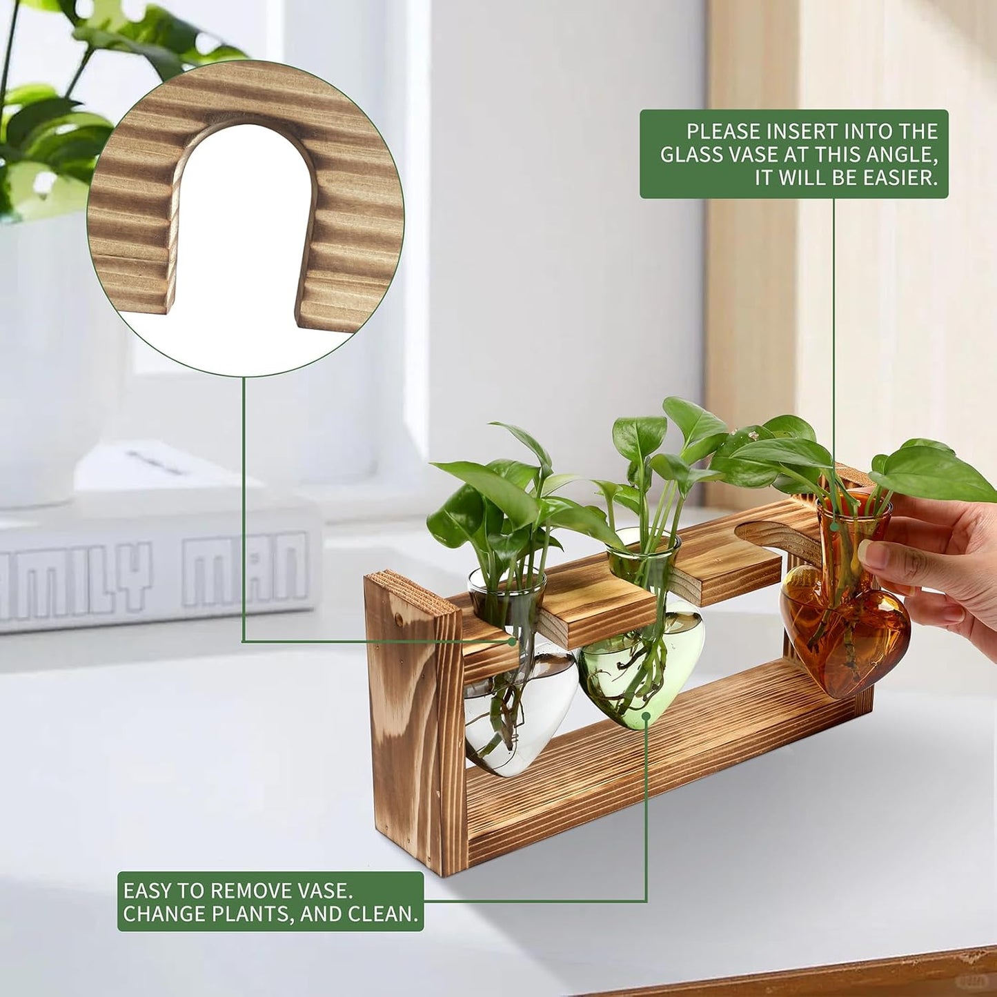 Plant Terrarium Propagation Stations Hydroponics Home Garden Decoration Gift for Women with Wooden Stand Heart Shaped Colored Glass Vase
