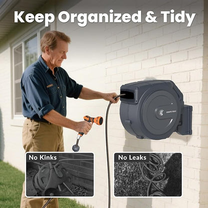 Giraffe Tools AW30 Retractable Garden Hose Reel 5/8inch x 62ft Hose Reels for Outside, with 9- Function Sprayer Nozzle, Any Length Lock/Slow Return System/Wall Mounted/180°Swivel Bracket