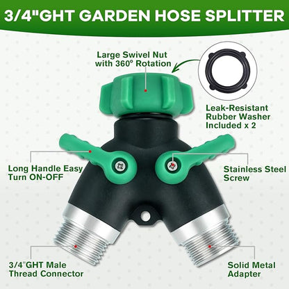 Garden Hose Splitter 2 Way, 304 Stainless Steel Hose Splitter 2 Way Heavy Duty, 3/4" Full Flow Y Valve Water Hose Splitter, Outdoor Faucet Splitter Y Connector for Garden Hose