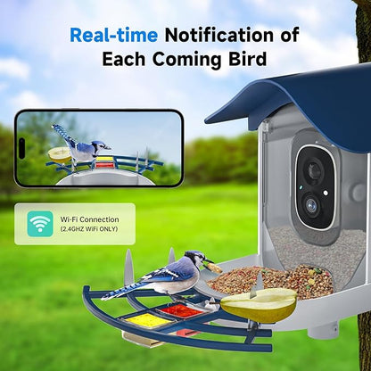 Smart Bird Feeder with Camera, 2K HD AI Identify Birds Species, Bir d Watching Camera with Solar Panel, Auto Capture Bird Videos & Instant Notifications, Ideal Present for Bir d Lover,Dark Blue