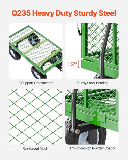 VEVOR 680 Lbs Steel Garden Cart on Wheels, Heavy Duty Garden Wagon Cart Pullable, Metal Outdoor Utility Yard Wagon Carts with 10" Tires, Mesh Removable Sides and 180°Rotating Handle