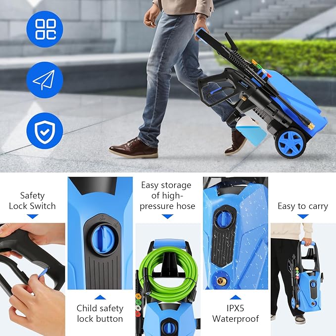 Pressure Cleaner 5000 PSI 2.8 GPM High Power Cleaners with 33ft Pressure Hose, 4 Nozzle and Foam Cannon, for Home, Cars, Fences, Patio (Blue)