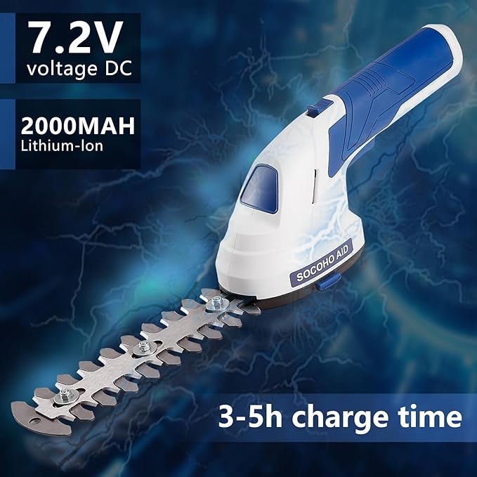 Cordless Grass Shear, 2 in 1 Hedge Trimmer, Electric Handheld Grass Cutter 7.2V Rechargeable Bush Trimmer Lightweight Shrubbery Hedge Shears with Type-C Cable and 2.0Ah Battery for Garden Yard Lawn