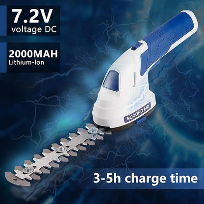 Cordless Grass Shear, 2 in 1 Hedge Trimmer, Electric Handheld Grass Cutter 7.2V Rechargeable Bush Trimmer Lightweight Shrubbery Hedge Shears with Type-C Cable and 2.0Ah Battery for Garden Yard Lawn