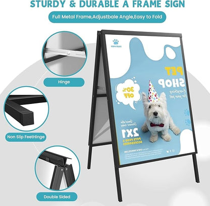 4 PCS A Frame Sign Holder-24x36 Inch, Heavy-Duty Double-Sided Sandwich Board Holder, Foldable Business & Store Sign Holders with Metal Flap to Protect Against Raindrops, for Pavement Outdoor, Frame Only