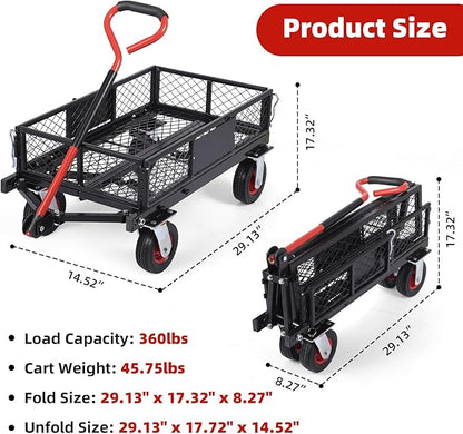 GarveeLife 360 LBS Foldable Steel Garden Cart, Yard & Garden Utility Wagon w Removable Mesh Sides, Collapsible Metal Utility Wagon Cart with 180° Rotating Handle for Garden, Farm, Yard