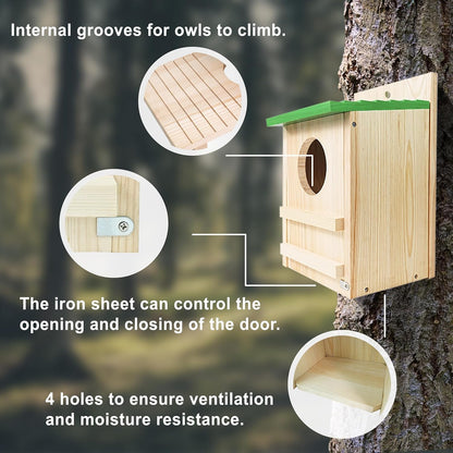Screech Owl House, Owl Bird Box Large Handmade Wooden Circular Opening Screech Box for Outside with Mounting Screws and A Bag of Wood Shavings, Easy Assembly Required (Green, 9''x14.5XX)