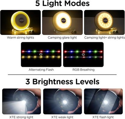 OGERY Camping String Lights, 4 in 1 Quick Storage 32.8FT Rechargeable Outdoor String Lights with 8 Lighting Modes, Hanging Portable LED Lamp for Christmas Decor Patio Awning Garden Party Essentials
