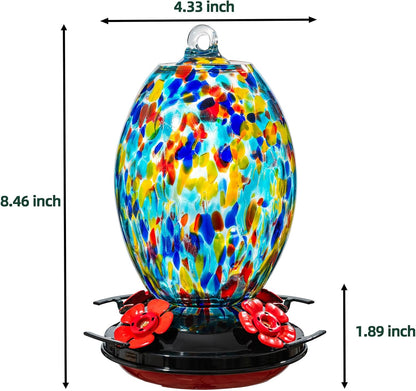 Muse Garden Glass Humming Bird Feeders for Outdoors - 27OZ Blown Glass Hummingbird Feeder - Unique Gift for Mom Women Grandparents, Outdoors Hanging Garden Decor, Ant Moat & Brush, Blue Polka Dots