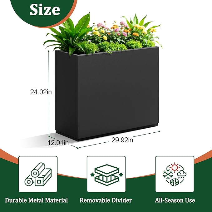 Large Rectangle Planter Metal Black Planter Box with a Drainage Hole and a Removable Divider Indoor Outdoor Porch Pots for Tall Plants, Trees, Flowers 29.92"x 12.01" x 24.02" Black