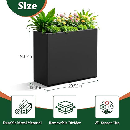 Large Rectangle Planter Metal Black Planter Box with a Drainage Hole and a Removable Divider Indoor Outdoor Porch Pots for Tall Plants, Trees, Flowers 29.92"x 12.01" x 24.02" Black