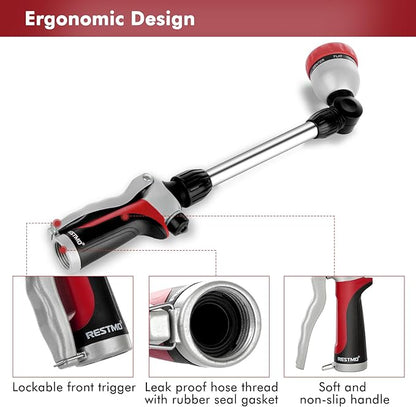 RESTMO Metal Watering Wand, Heavy Duty Garden Hose Wand with 180° Swivel Ratcheting Head, 16'' Hose Nozzle Sprayer with 7 Spray Patterns and Flow Control, for Water Hanging Baskets and Shrubs, Red