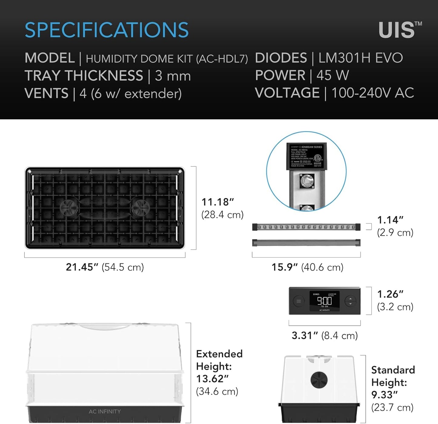 AC Infinity Heavy-Duty Large Humidity Dome w/Full Spectrum LED Grow Light Bars, Samsung LM301H EVO Diodes, 3mm Thickest Dome and 6x12 Trays, Vent Extension Panels, for Seed Starting and Propagation