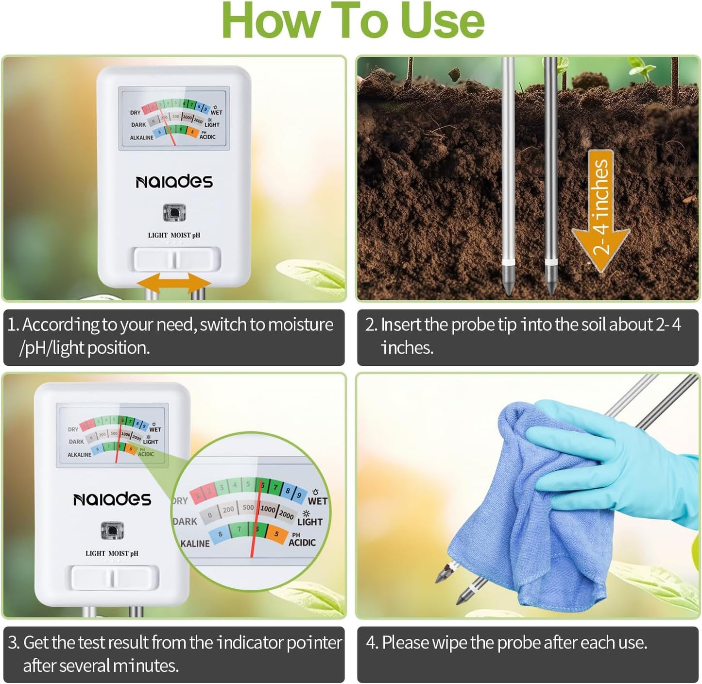 Professional 3-in-1 Soil Tester - Moisture/Light/pH Meter with Lab-Calibrated Probes, 90° Rotatable Display for Indoor/Outdoor Plants (Battery-Free) (White)