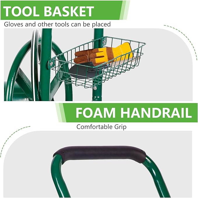FDW Garden Hose Reel Cart, Water Hose Cart with 4 Wheels, Hold Up to 300 ft of 5/8’’ Hose，Heavy Duty Powder-Coated Steel Planting with Storage Basket, for Garden, Yard and Lawn