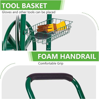 FDW Garden Hose Reel Cart, Water Hose Cart with 4 Wheels, Hold Up to 300 ft of 5/8’’ Hose，Heavy Duty Powder-Coated Steel Planting with Storage Basket, for Garden, Yard and Lawn