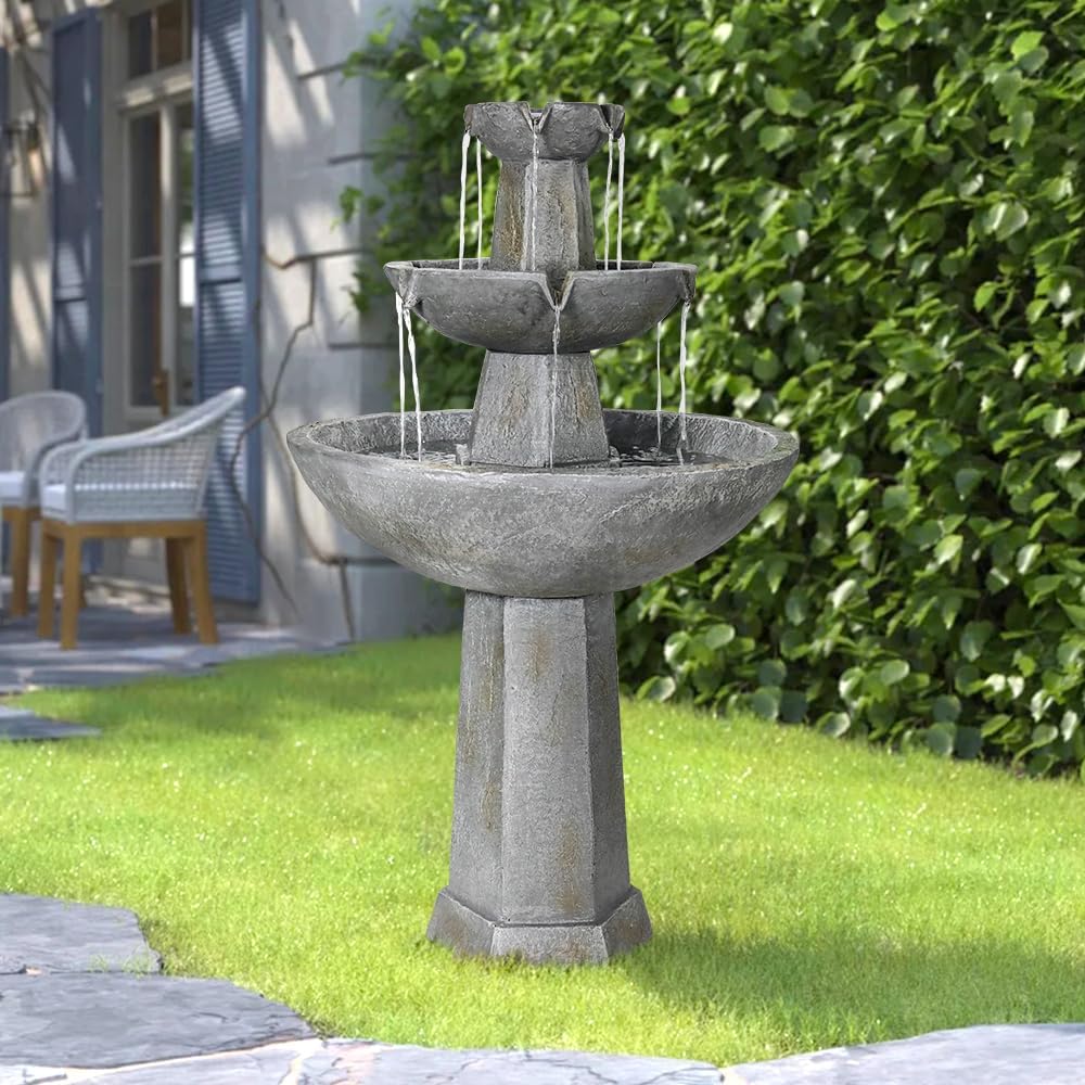 43.3” High Outdoor Water Fountain, 3-Tiers Concrete Outdoor Floor Waterfall Fountain with Pump & Splash Reduction Line for Yard Garden Patio Backyard Deck Relaxation Decor - Grey