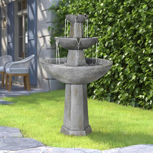 43.3” High Outdoor Water Fountain, 3-Tiers Concrete Outdoor Floor Waterfall Fountain with Pump & Splash Reduction Line for Yard Garden Patio Backyard Deck Relaxation Decor - Grey