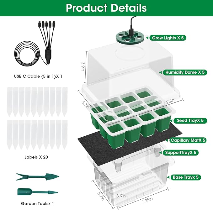 MQUPIN Self Watering Seed Starter Tray with Grow Light,5 Pack/60 Cells Seed Starter Kit with Timing,Humidity Domes,Thicken Tray, Heightened Lids for Greenhouse Seeds Growing Starting